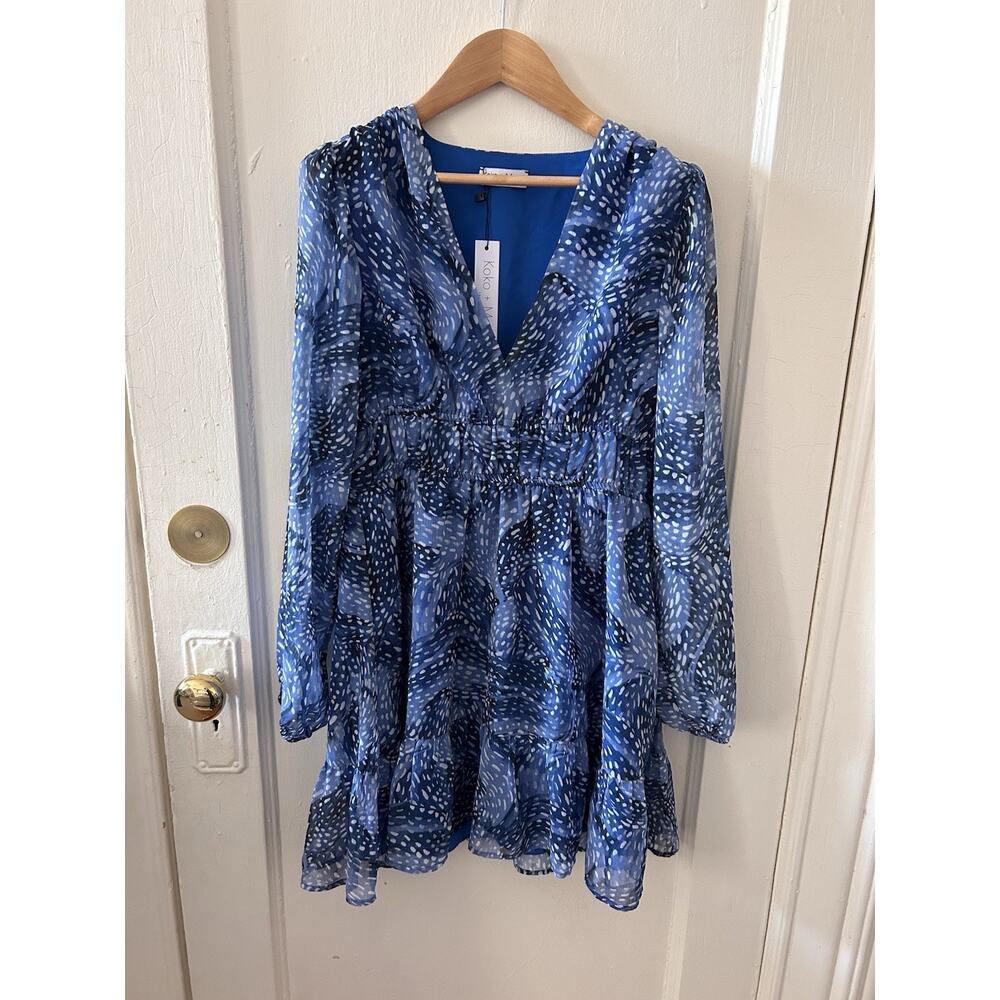 Koko + Me Blue‎ White Abstract Dot V-Neck Smocked Waist Ruffle Mini Dress NWT